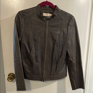 Tory Burch Gray Leather Jacket with Tailored Fit and Stand-Up Collar